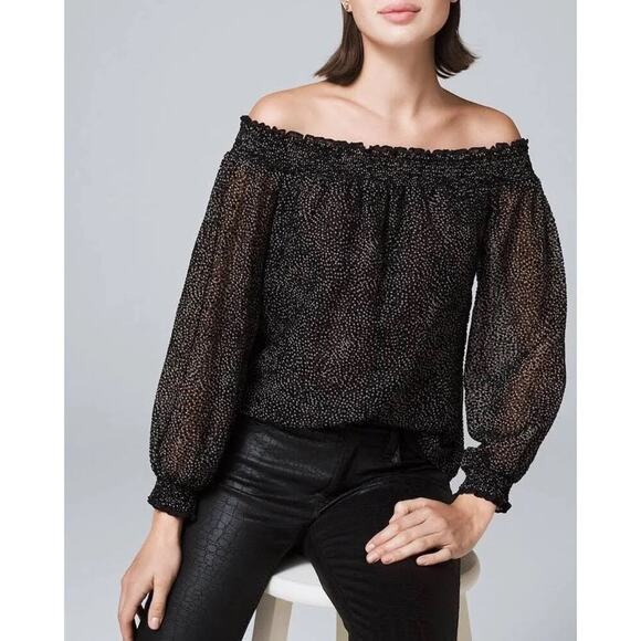White House Black Market Black Polka Dot Off The Shoulder Lined Blouse Size M - Picture 1 of 6